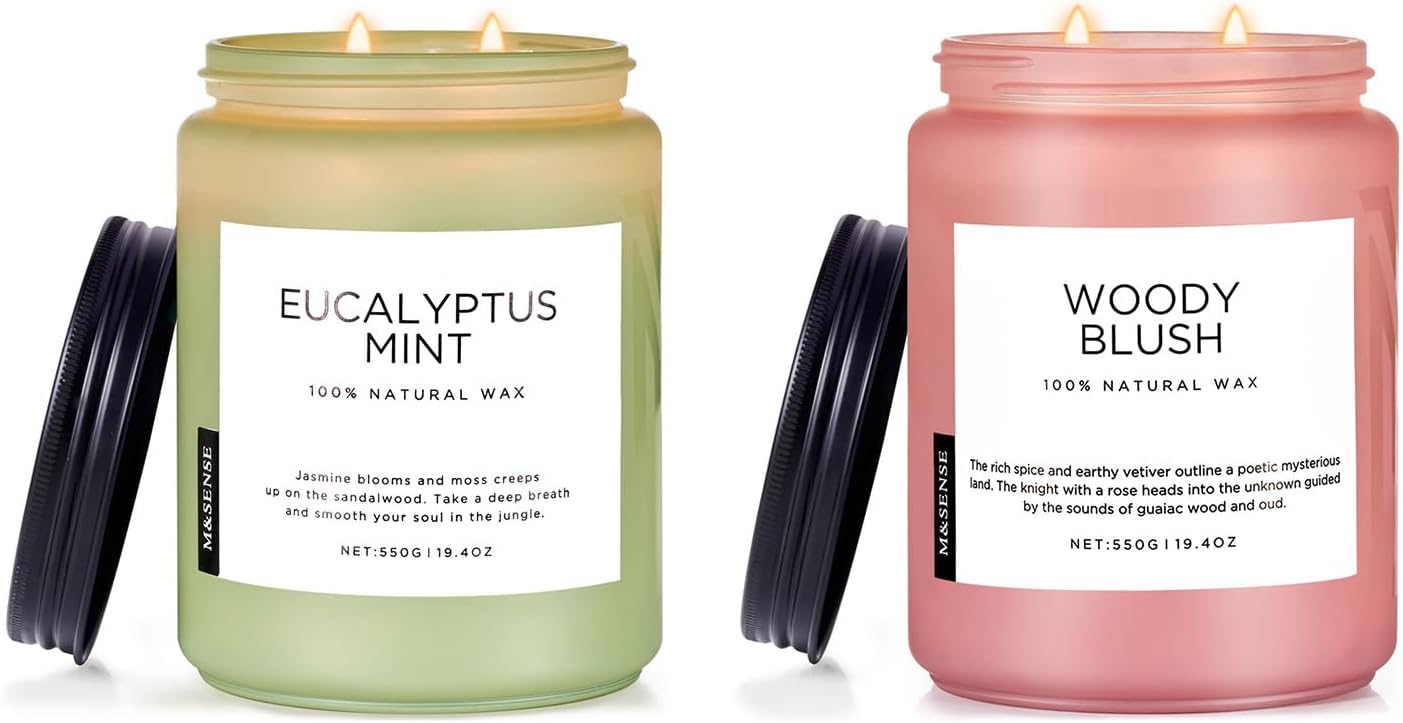M&SENSE 19.4oz Eucalyptus & Mint & 19.4oz Rose Oud Wood Scented Candle, Natural Soy Wax Non Toxic 2 Wicks 110 Hours Slow Burning Candle