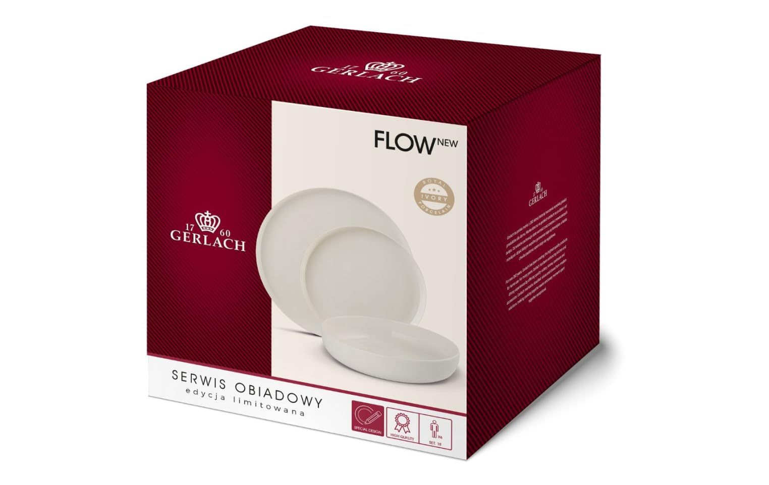 Gerlach 1760 Zastawa Stołowa - 18-częściowy Zestaw Naczyń Obiadowych dla 6 Osób - Zestaw Talerzy - Porcelana Flow New