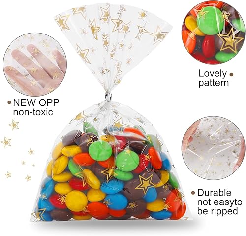 Miniatura 5 de Bosose 100 bolsas de celofán de estrella de 4 x 6 pulgadas con lazos giratorios, bolsas transparentes para golosinas, dulces, galletas y