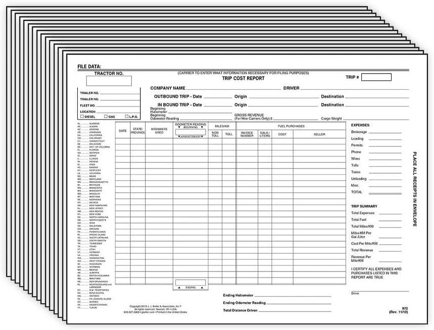 Trip Cost Report Envelope 15-pk. - Self-Contained, Simple, Side Opening, Printed on White Kraft Paper, 12" x 9" - Use For Storing Expense Receipts, J. J. Keller & Associates, Inc.