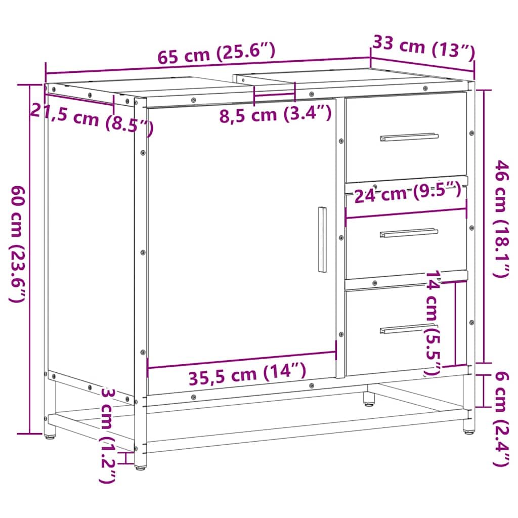 vidaXL Mueble de baño para Lavabo Roble Ahumado 65x33x60 cm, Armario de Lavabo de baño, Mueble de Lavabo de baño, Mueble de Lavabo, Mueble de baño