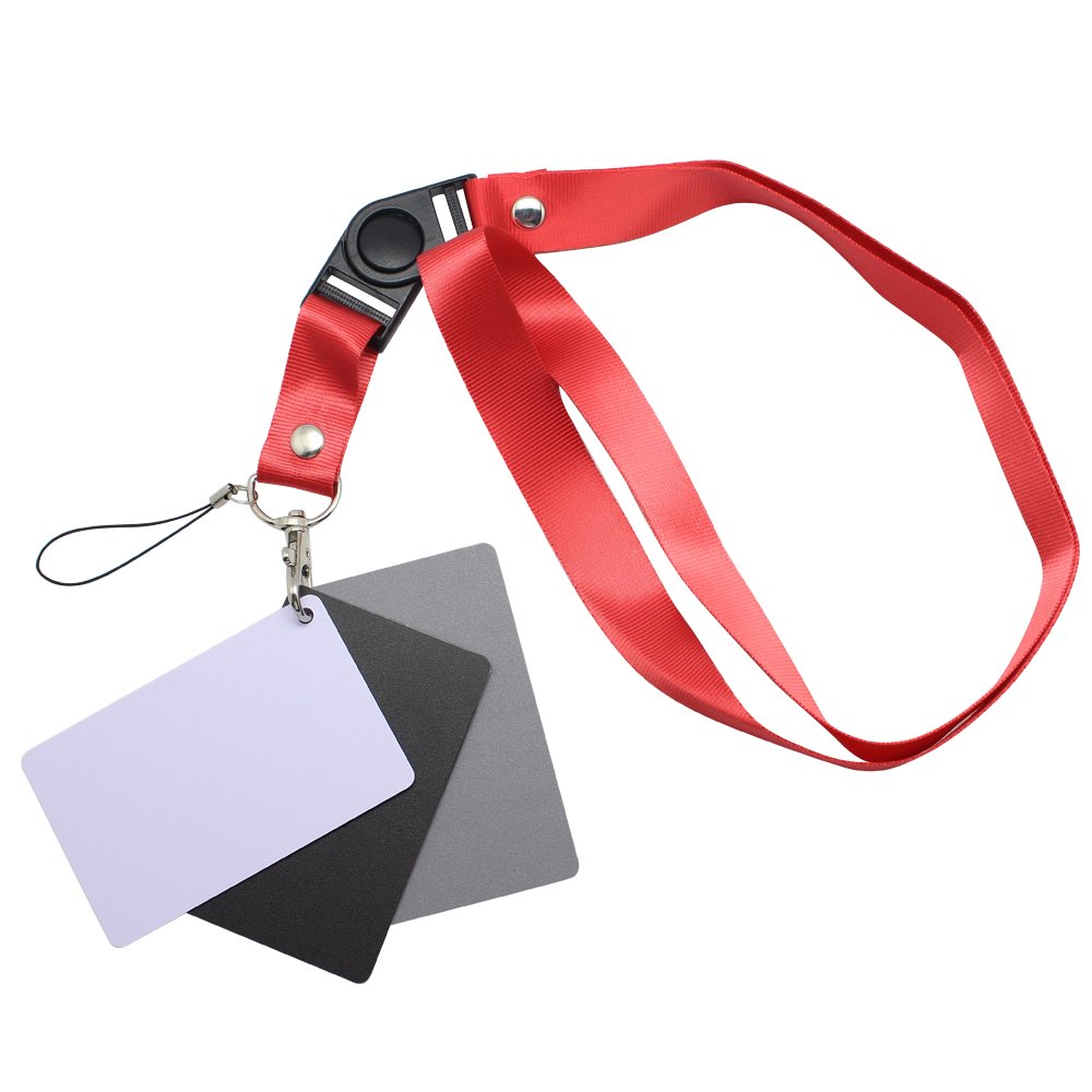 Juego 3 en 1 de tarjetas de balance de color y exposición para fotografía digital, gris 18%/blanco/negro, con correa