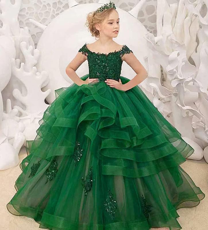 Girl's Off Shoulder Flower Girl Dress Appliques Ruffles Kids Pageant Dresses Princess Kids Party Gown3