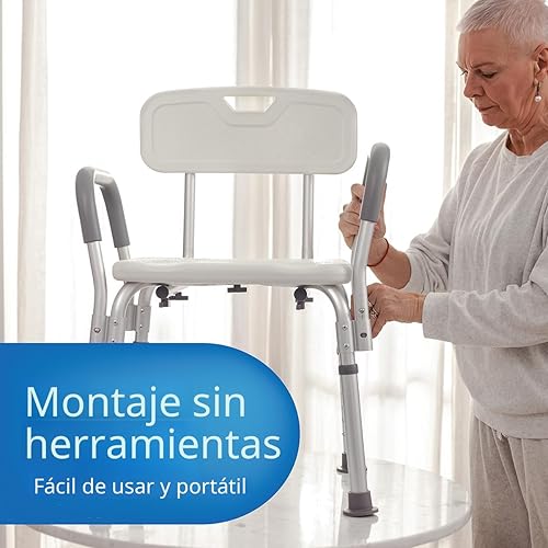 Miniatura 6 de Medline - Silla de ducha con asiento y reposabrazos acolchados y respaldo, taburete de ducha resistente para bañera, asiento de ducha antideslizante