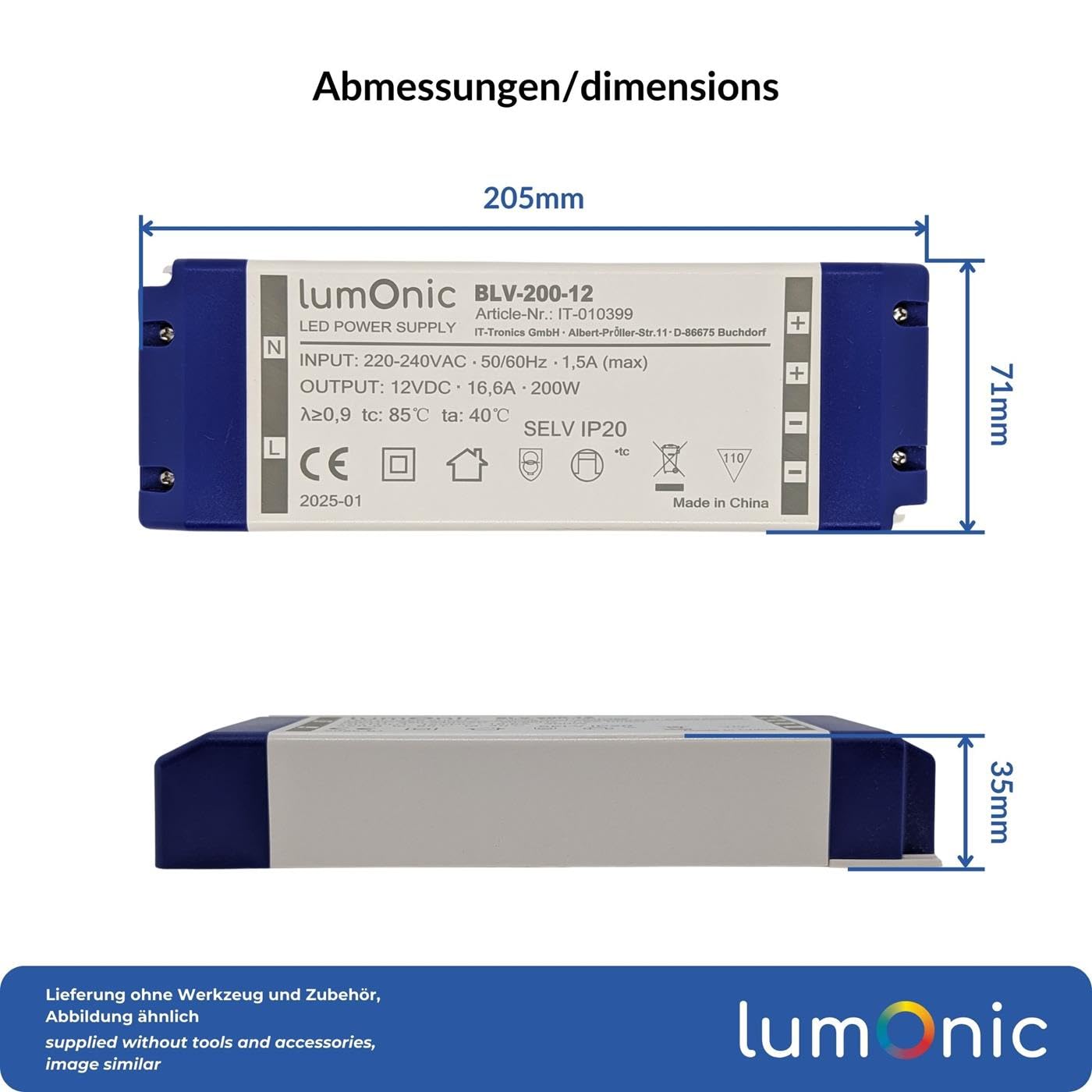 Lumonic I Transformateur LED BLV-200-12 I 12V 200W I Input 220-230VAC I sans Scintillement I Protection Contre Les surcharges I Bloc d'alimentation LED I pour l'éclairage LED