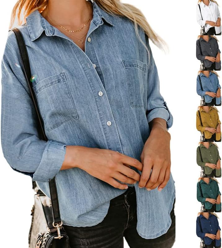 CanbebigWomen Denim Shirt Collared Jean Shirts Long Sleeve Button Down Blouses with Pockets Classic Basic Solid Blouse Jacket