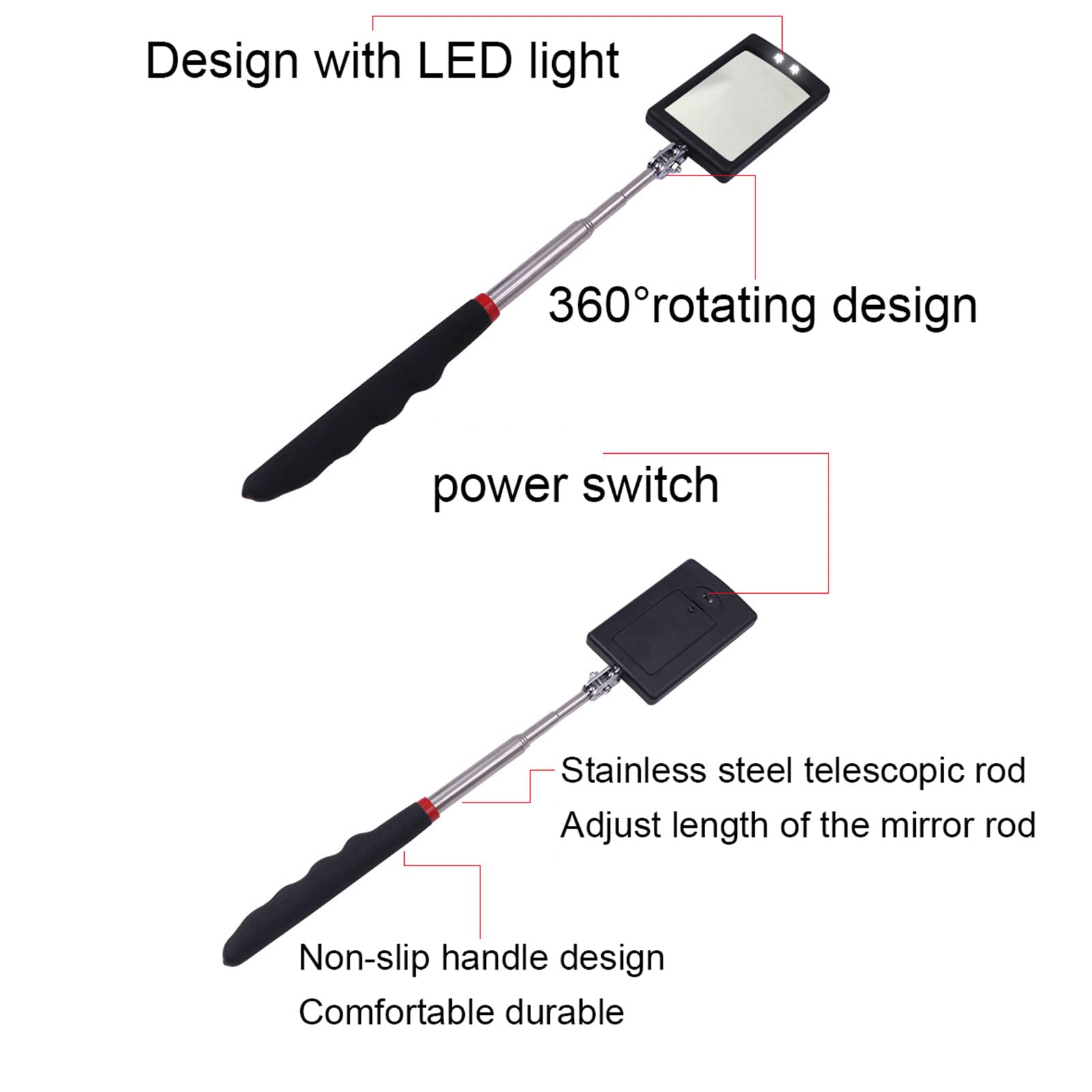 Espejo De Seguridad para Inspección De Bajos De Vehículos, Espejo De Inspección Plegable Portátil, con Luz Led, Poste Telescópico De Acero Inoxidable, Adecuado para