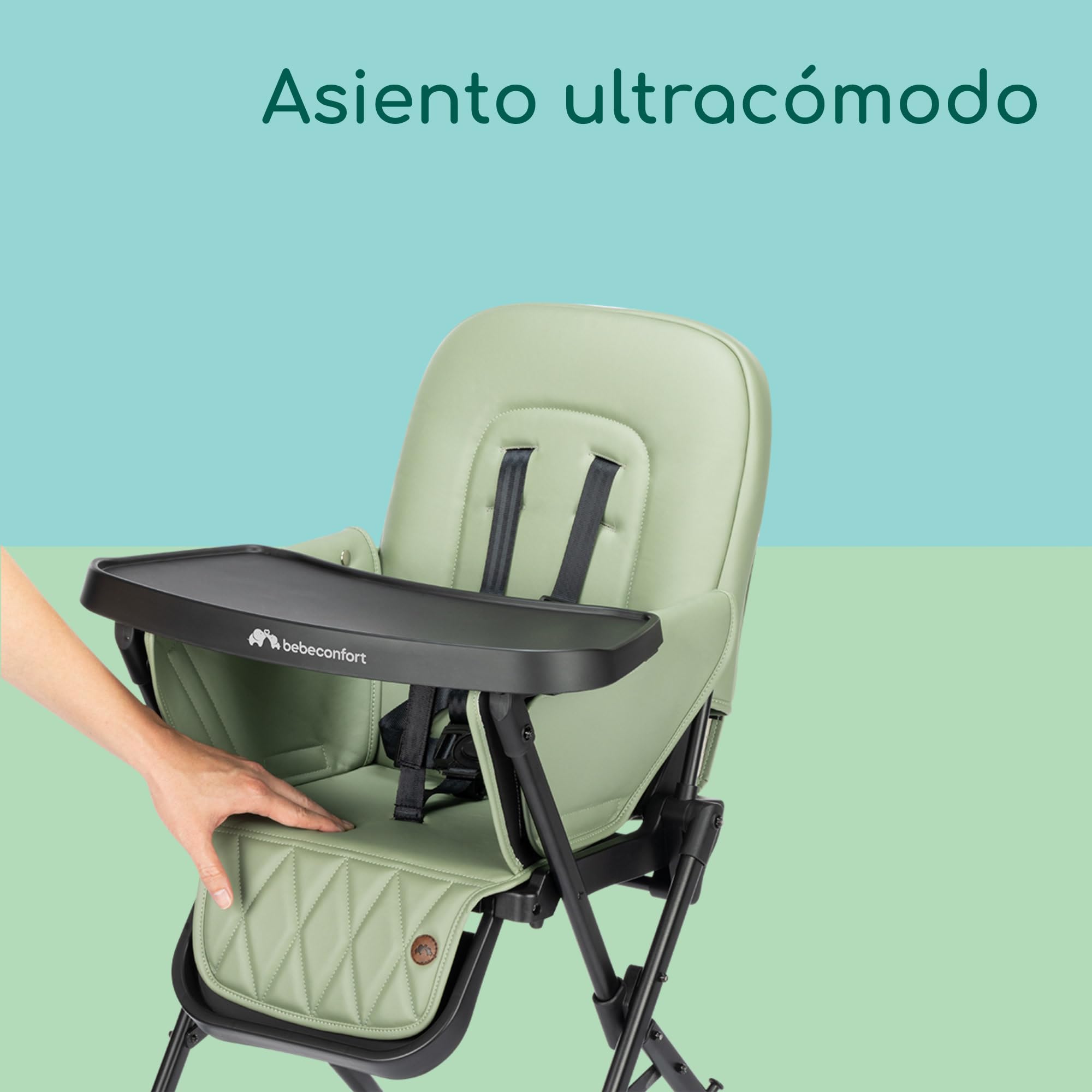 Bebeconfort Mallow, Trona Bebé Ligera, 0-3 Años, 0-15 kg, Plegado Ultracompacto, Cómodo Asiento Acolchado, Fácil Limpieza, Ligero (5,6 kg),3 Posiciones de Reclinado, Fácil Transporte, Mineral Green