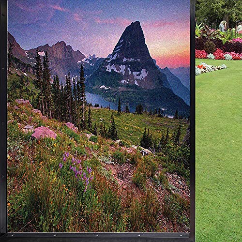 Scenic Summer Window Film Privacy Window Film,Wild Floral Meadow in Alpine Mountains Sunset Nature Photo Window Decal for Home UV Blocking Privacy,Dark Ceil Blue and Multicolor 24" x 36"