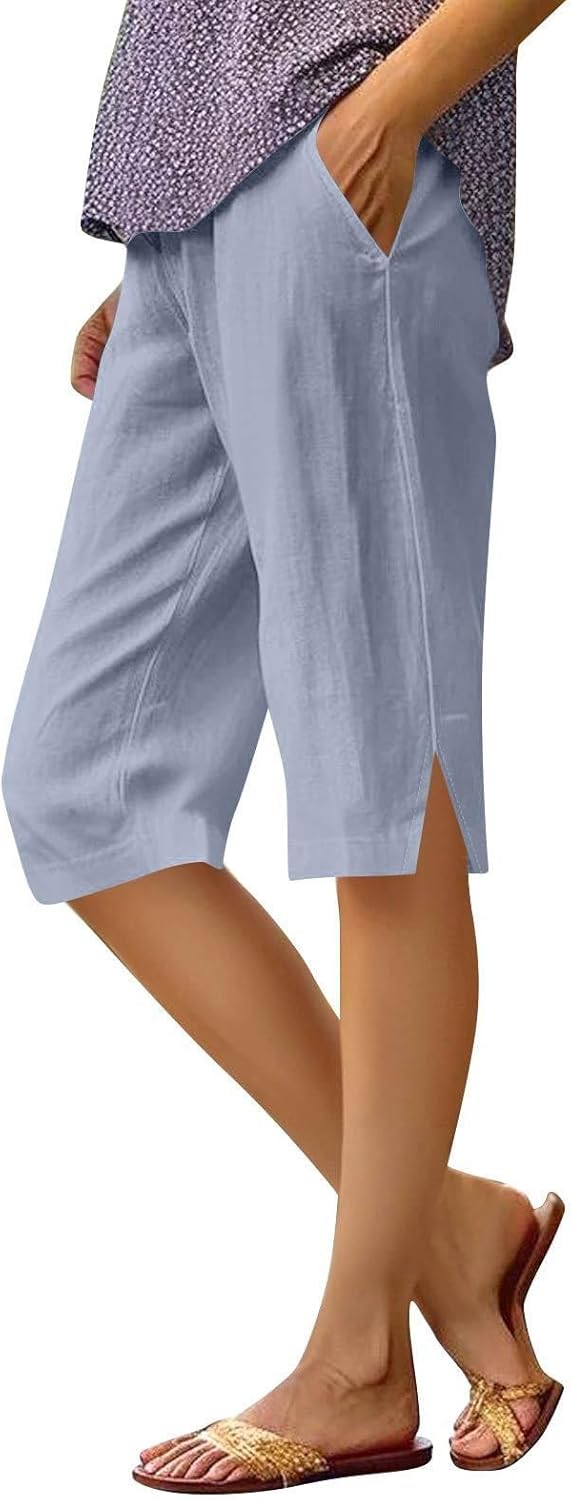 Womens Cotton Linen Knee Length Shorts Casual Summer Bermuda Shorts with Pocket Summer Vacation Beach Shorts Capri Pants