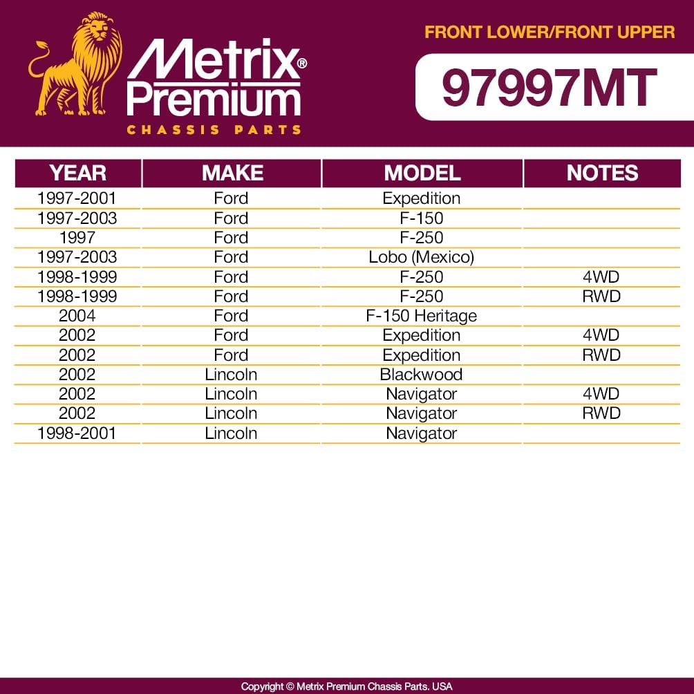 Metrix Premium Chassis Parts - 4 PC Front Upper & Front Lower Ball Joint Kit Fits 97-01 Ford Expedition, 97-03 F-150, 98-99 F-250 RWD, 98-01 Lincoln Navigator, K8695T, B80014, Made in Europe