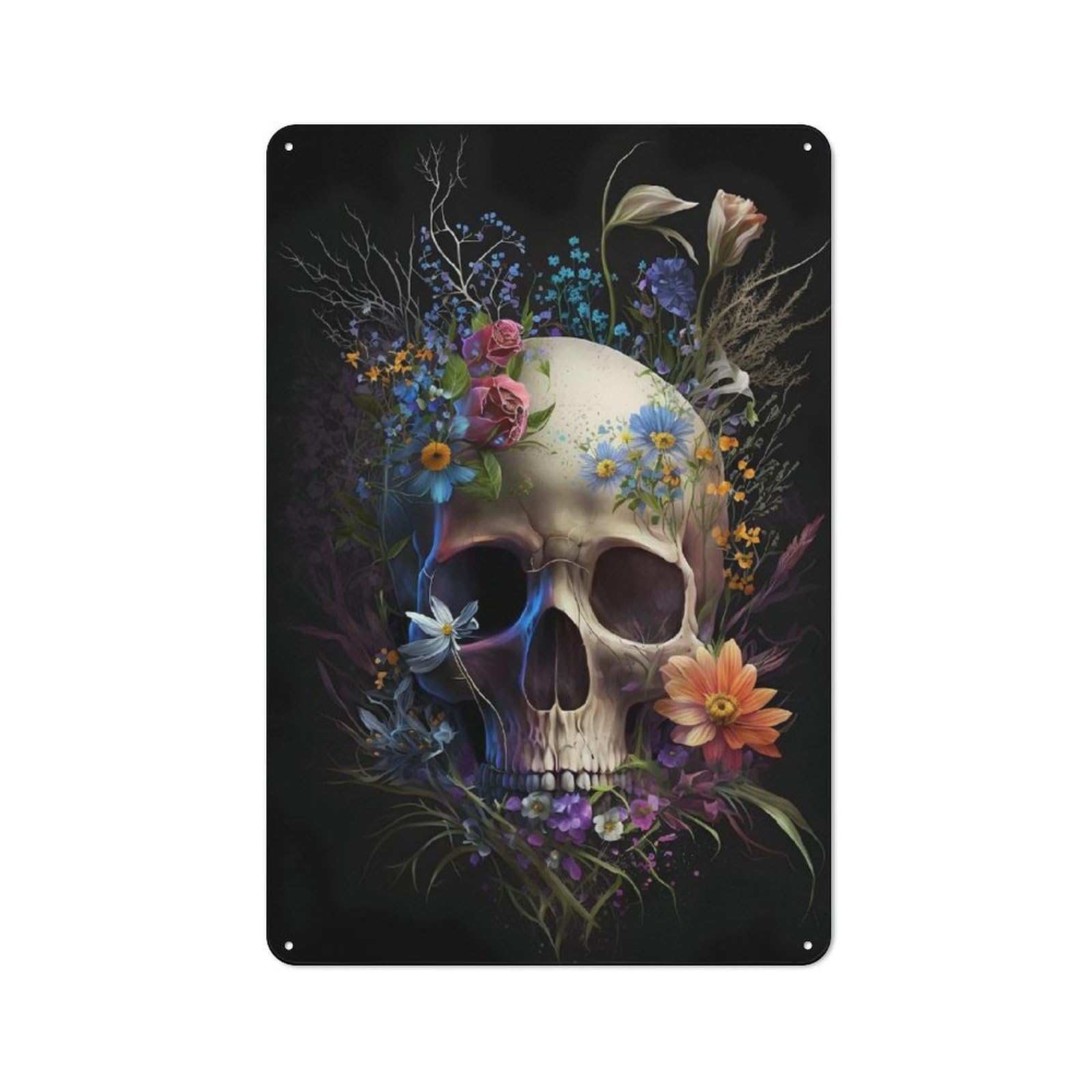 Junmoney Skull And Flowers Country Vintage Metal Wall Decor 30X20cm, Farmhouse Metal Sign For Kitchen, Cottage, Porch Or Garden Room