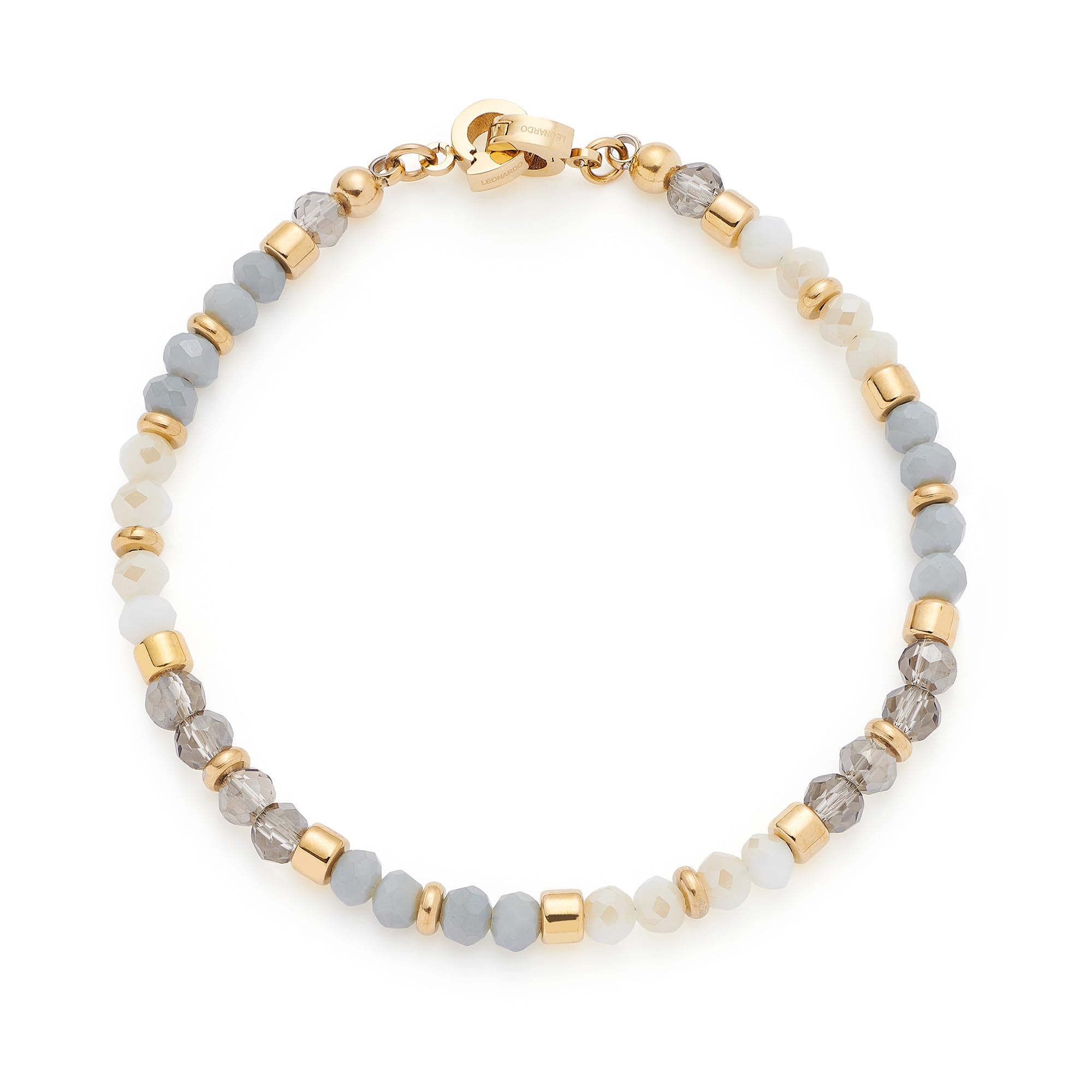 Jewels BY Leonardo Bracciale Clip & Mix Bernie, Bracciale in Acciaio Inox Dorato, Perle di Vetro di Colore Bianco e Grigio, Lunghezza 19 cm, Regalo per Donne, 025574