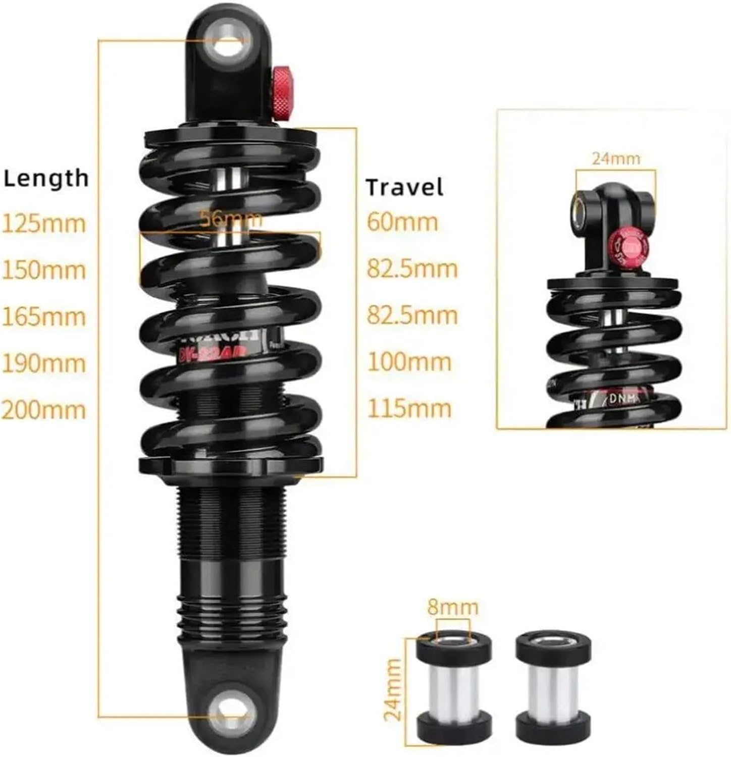 Rear Shocks DV-22AR 450lbs - 1500lbs Mountain Bike Spring Shock Absorber 125mm/150mm/165mm/190mm/200mm Bicycle Rear Shock Absorber Estable(190mmx550lbs)