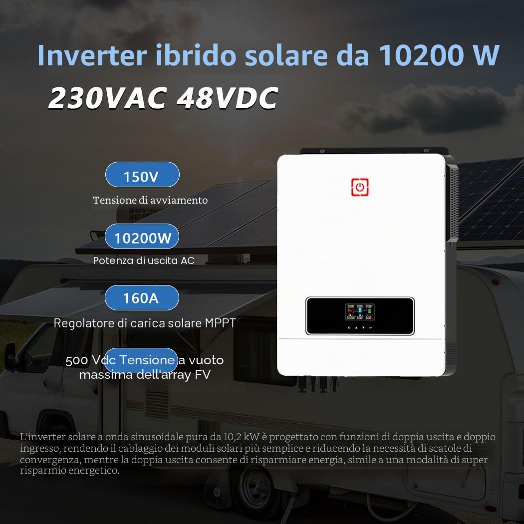 10,2KW Inverter solare ibrido On/Off Grid Inverter integrato da 160A PV Max 500V ingresso DC48 V a AC230V onda sinusoidale pura per Home Energy Storage RV Capannoni Off-Grid System