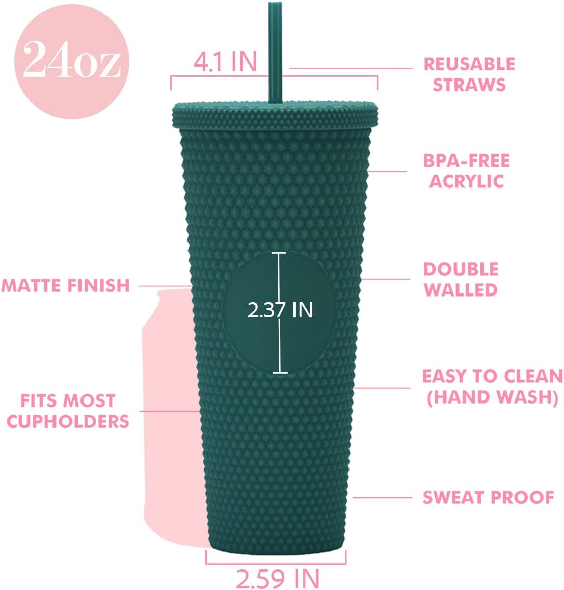 24oz DIY Studded Tumbler.Matte Greenblack Studded Tumbler with Lid and Straw.Reusable Double Walled Insulated Travel Tumbler.Plastic Acrylic Pastel Colored Tumbler Cup for Iced Coffee Smoothie. - Image 2