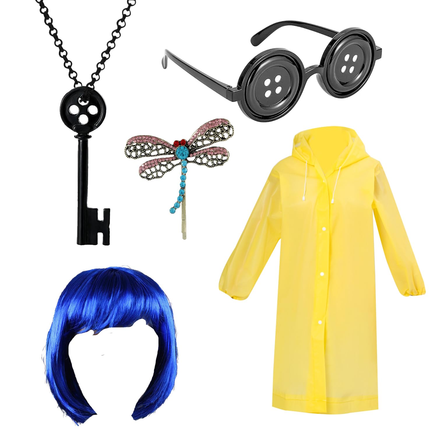 DVOFU 5Pieces Halloween Cosplay Costume Accessories Set Yellow Raincoat and Navy Blue Wig Eyes Glasses Key Necklace Dragonfly Hair Clips for Women Girl