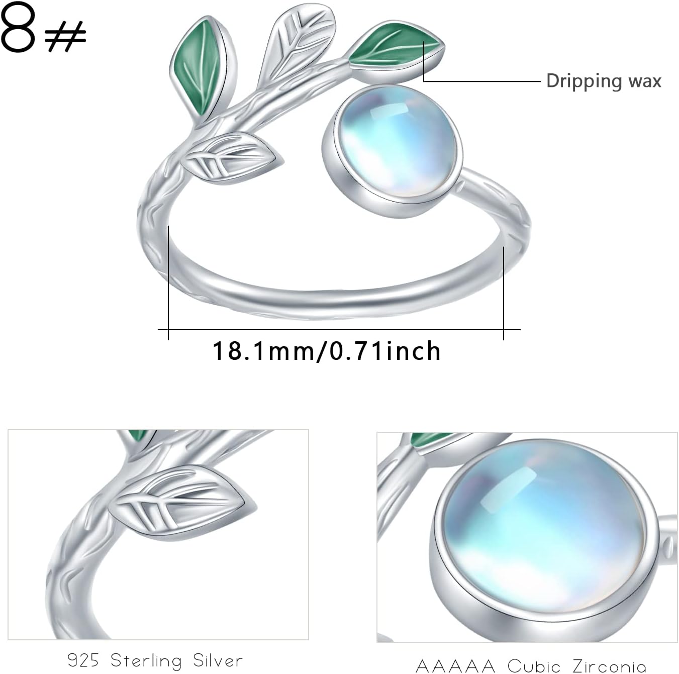 CUOKA MIRACLE Leaf Moonstone Ring Sterling Silver Leaf Moonstone Rings For Women Open Adjustable Rings Olive Leaf's Jewelry For Women Mother's Day Jewelry Gifts - Image 2