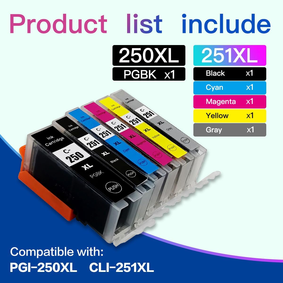 250XL 251XL Ink Cartridge - Compatible with Canon PGI-250XL BK and CLI-251XL BK C M Y GY, Replacing PIXMA MG6320 MG7120 IP8720 MG7520 Printer Ink cartridges (6 Pack)