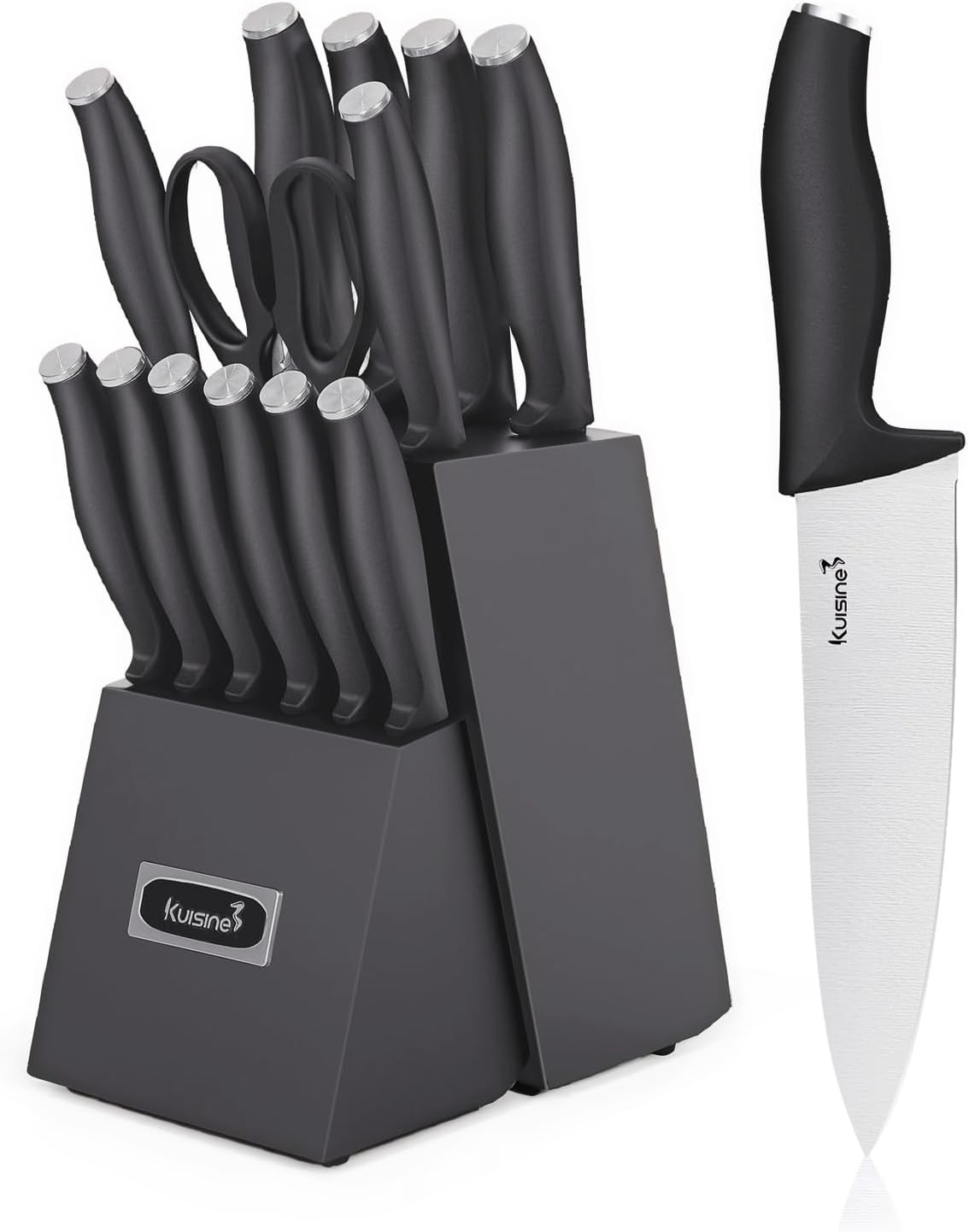 KUISINE Upgraded Chef Knife Set,High Carbon Stainless Steel Ultra Sharp Blade Ergonomic Handle,Kitchen Knife Block Set with Built-in Sharpener,Elegant Gift for Holiday(Silver Black,15PCS)