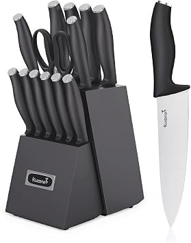 KUISINE Upgraded Chef Knife Set,High Carbon Stainless Steel Ultra Sharp Blade Ergonomic Handle,Kitchen Knife Block Set with Built-in Sharpener,Elegant Gift for HolidaySilver Black,15PCS
