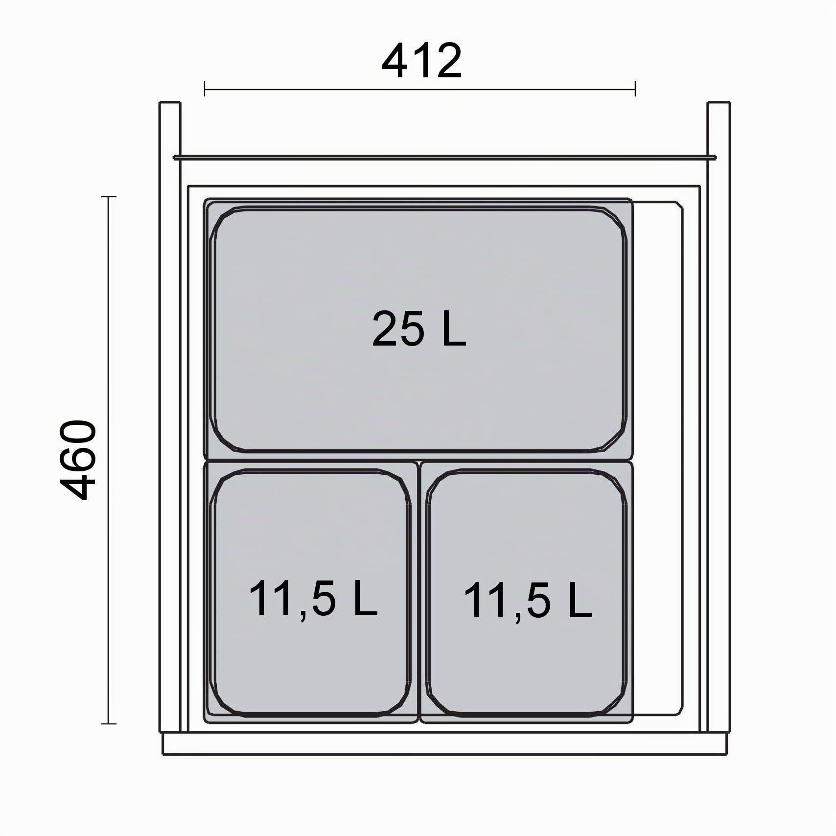 Ninka Abfalltrennsystem eins2vier KB 500 mm, Seitenstärke 16 mm Höhe 330 mm 2x 11,5L, 1x 25L, 1x 50er Bodenplatte, 1x 50er Deckelplatte, 2x Führungsleiste alugrau für Tandembox von SO-TECH®