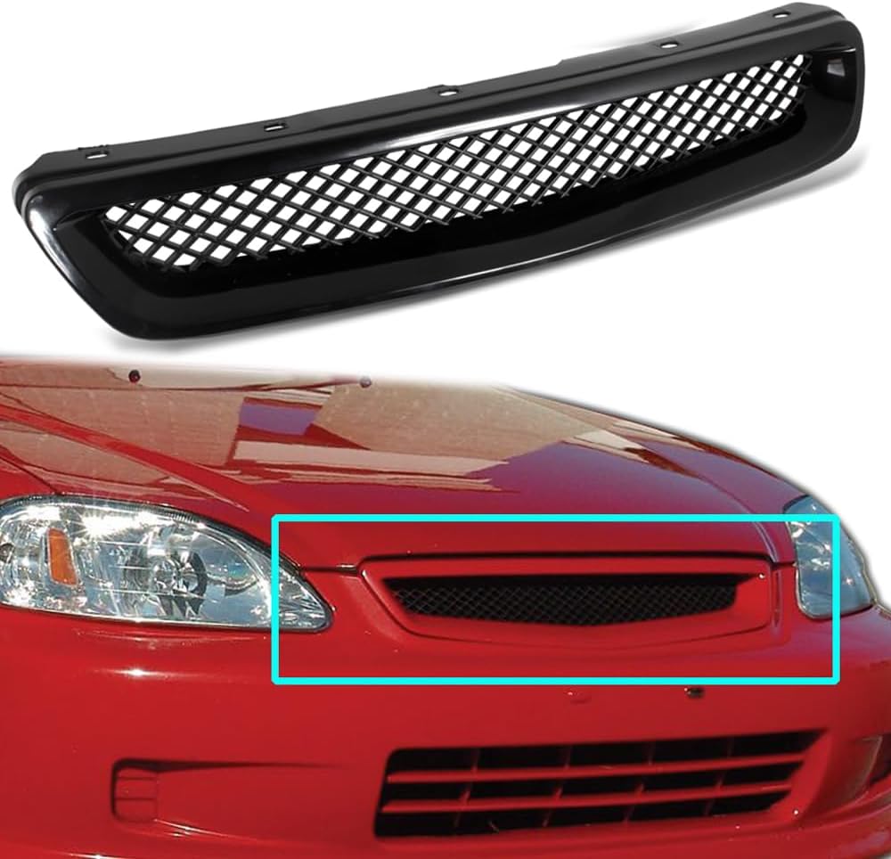 W-POWER, ABS Type-R Style Black Mesh Grille Grill Trim Overlay Cover Front Hood Compatible with 1996-1998 Honda Civic CX DX EX LX HX Si All Models, Front Grill Bumper Outline Trim Cover Overlay