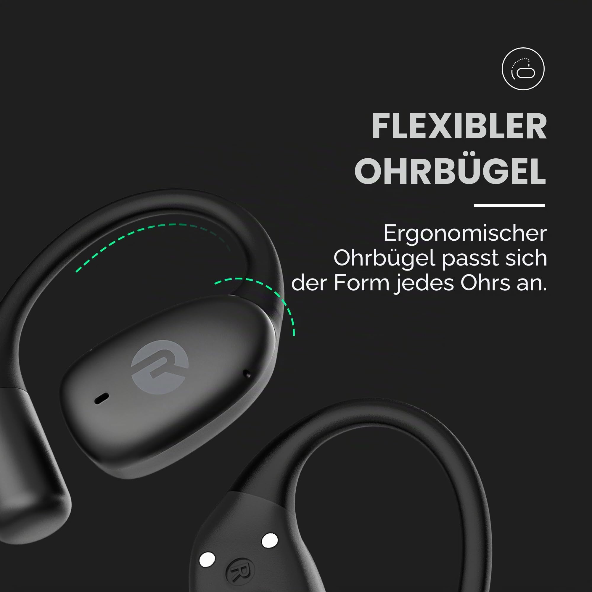 Raycon Essential Open Ear Earbuds - Open Ear Kopfhörer, Earbuds Wireless Bluetooth, Schweiß- & Wasserabweisende Ohrhörer, Laufkopfhörer mit ultraleichtem Design, 36 Stunden Akkulaufzeit (Schwarz)