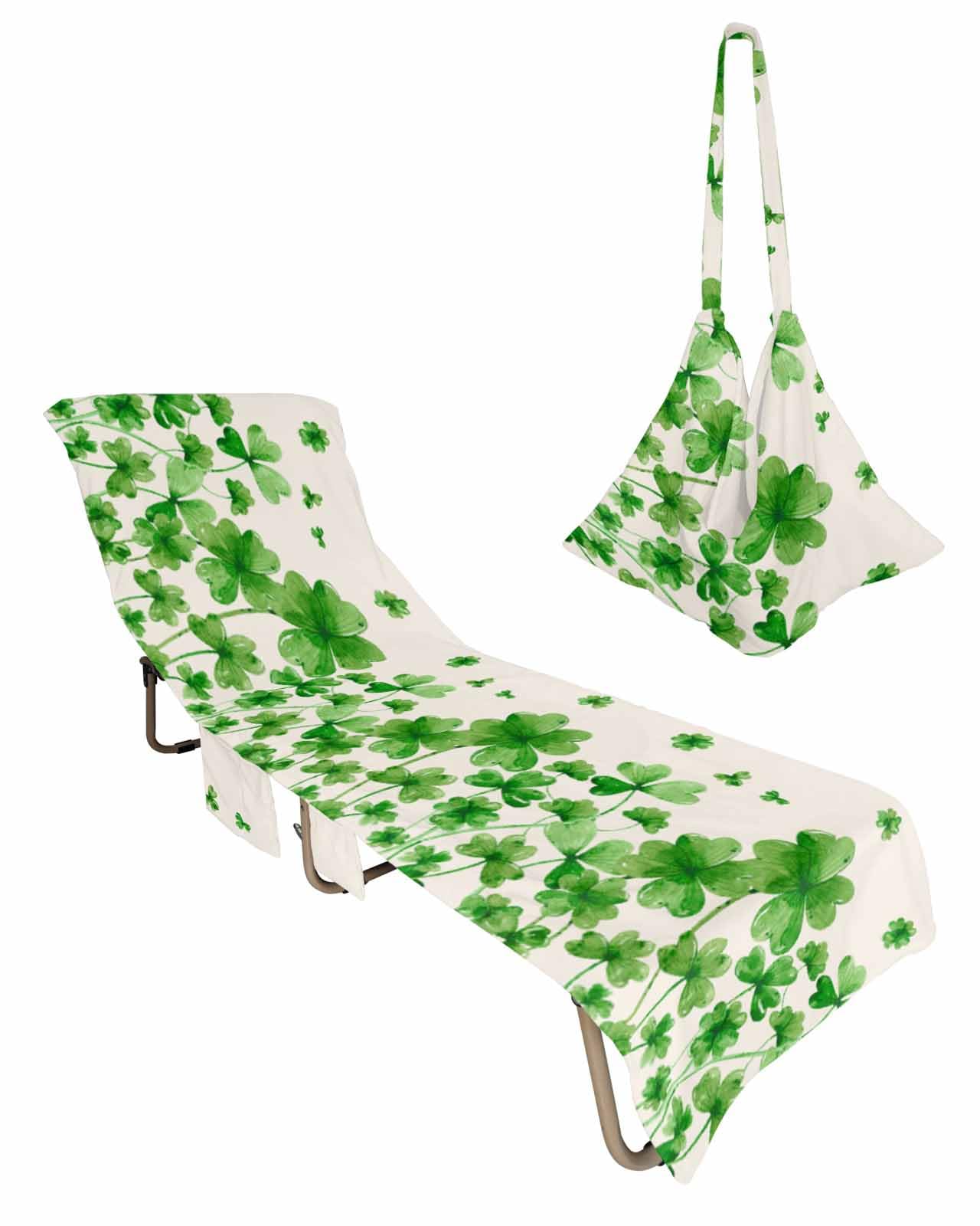 St. Patrick's Day Beach Lounge Chair Towel Cover, Soft Chaise Lounge Towel with Side Pockets Patio Pool Chairs Cover for Beach/Pool Sunbathing 29x85 green Lucky Clover Watercolor