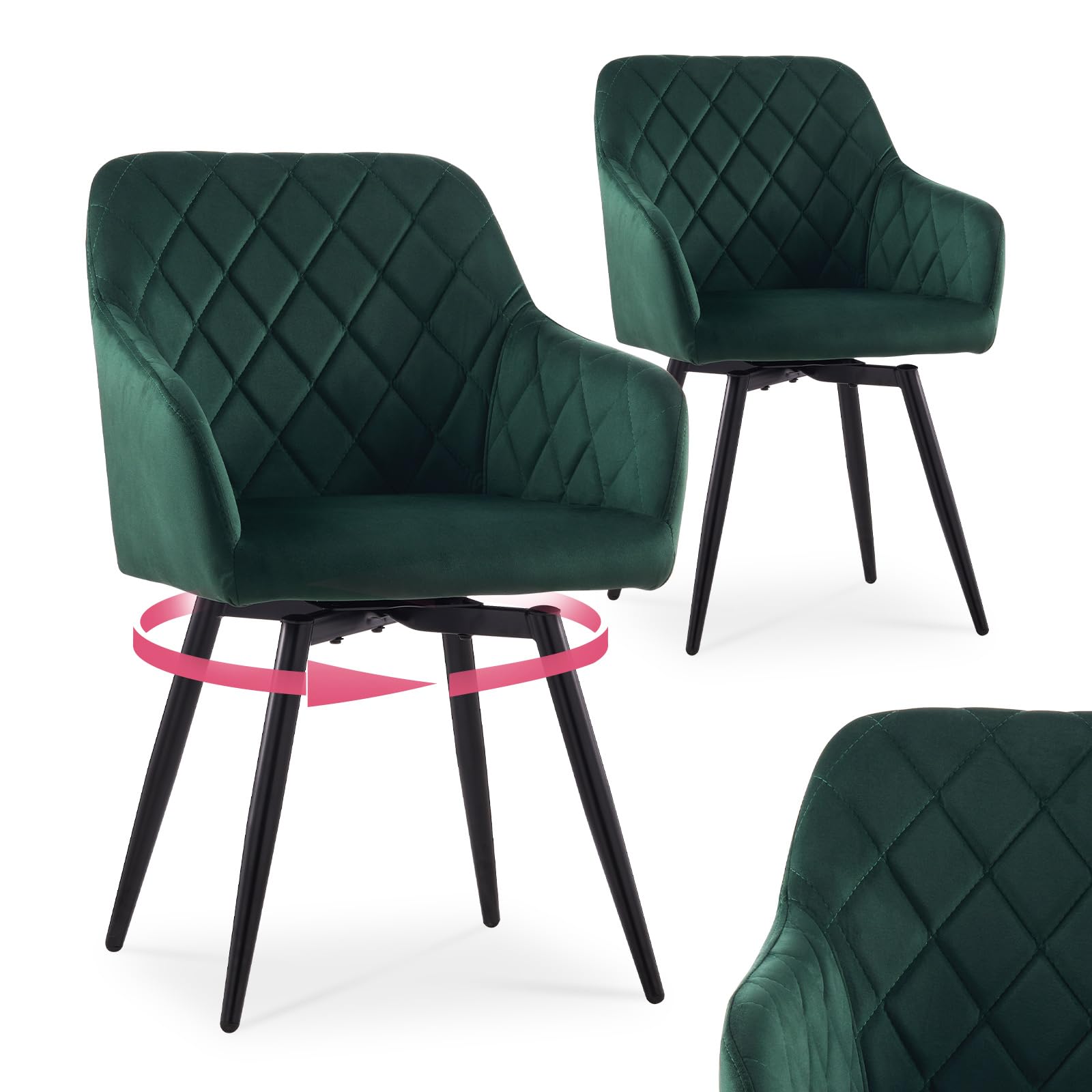 CLIPOP Esszimmerstühle Drehbar 2er Set mit Armlehne, Samt Polsterstuhl Gepolstert Sitz Küchenstuhl Drehstuhl Armlehnenstuhl für Esszimmer Wohnzimmer Büro (Samt Grün, 2er Set)