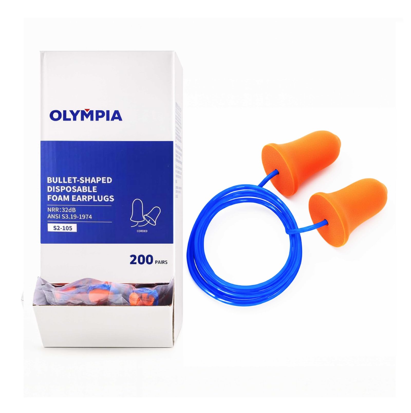 NORTHSKY Olympia - 200 pares de tapones para los oídos de espuma, suaves, cómodos, con reducción efectiva de ruido NRR de 32 dB, forma de campana, rebote lento, con cable, ronquidos, estudio