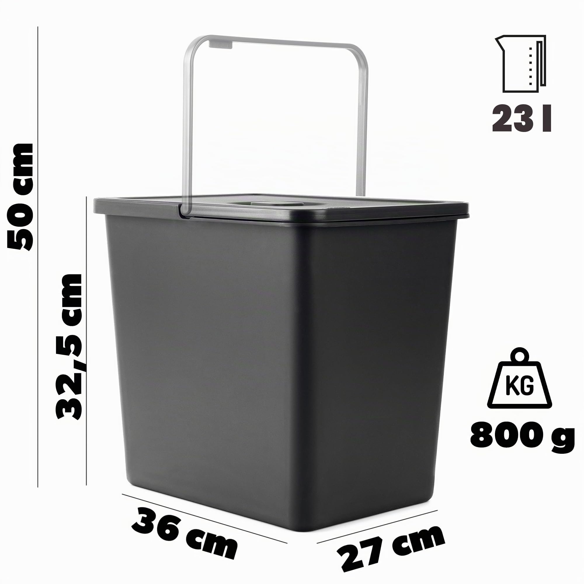 KADAX Pattumiera per la raccolta dei rifiuti, 23 litri, pattumiera con manico mobile, in plastica, contenitore universale per rifiuti (nero, 23L)