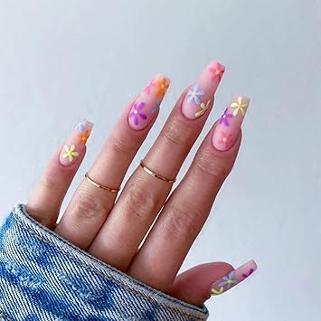 Amazon Com Kxamelie Matte Nude Pink Press On Nails Medium Glue On Nails With Flowers Pattern Coffin Square Stick On Nails Full Cover Fake Nails Cute Acrylic Nails Press On For Women Girls Diy Nail Manicure 24