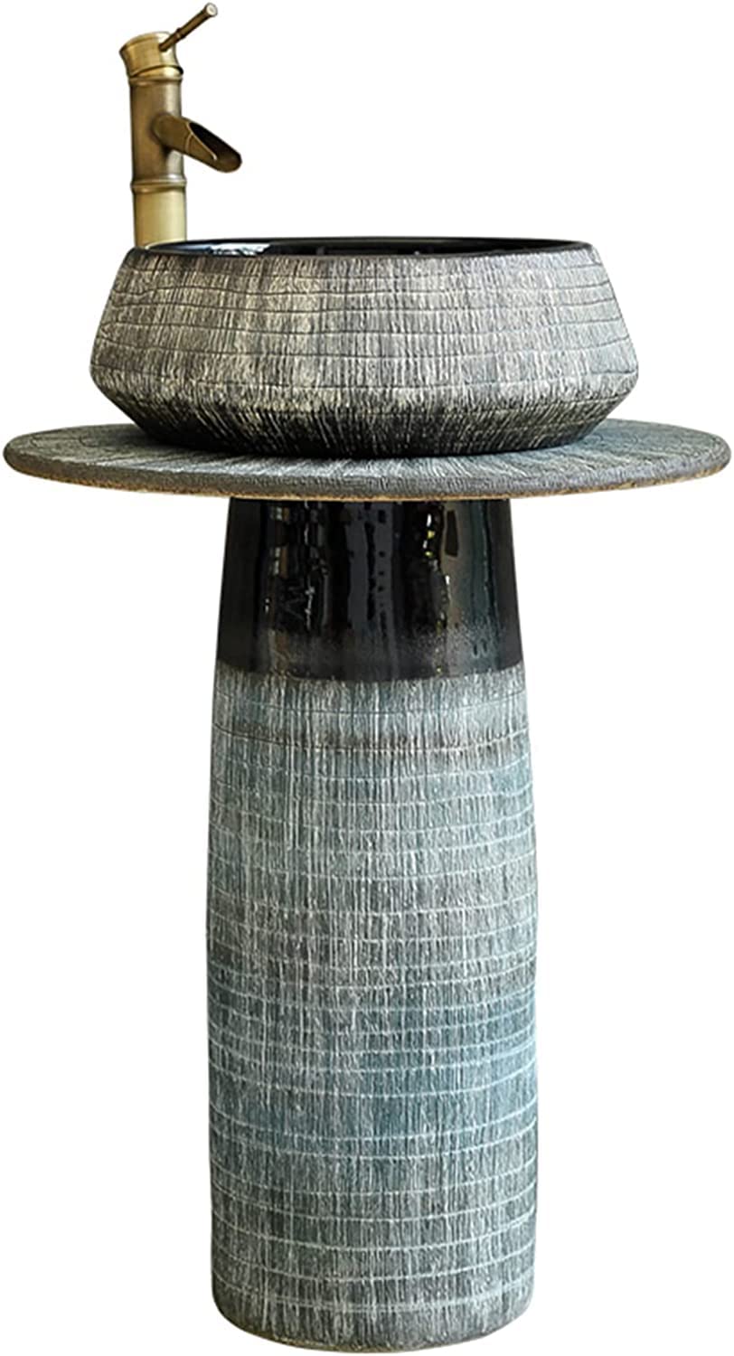 WDSOPK Ceramic Sink Ceramics Style, Hand-Carved Painted Retro Washbasin, Creativity Floor-Standing Column Basin 80 * 55cm