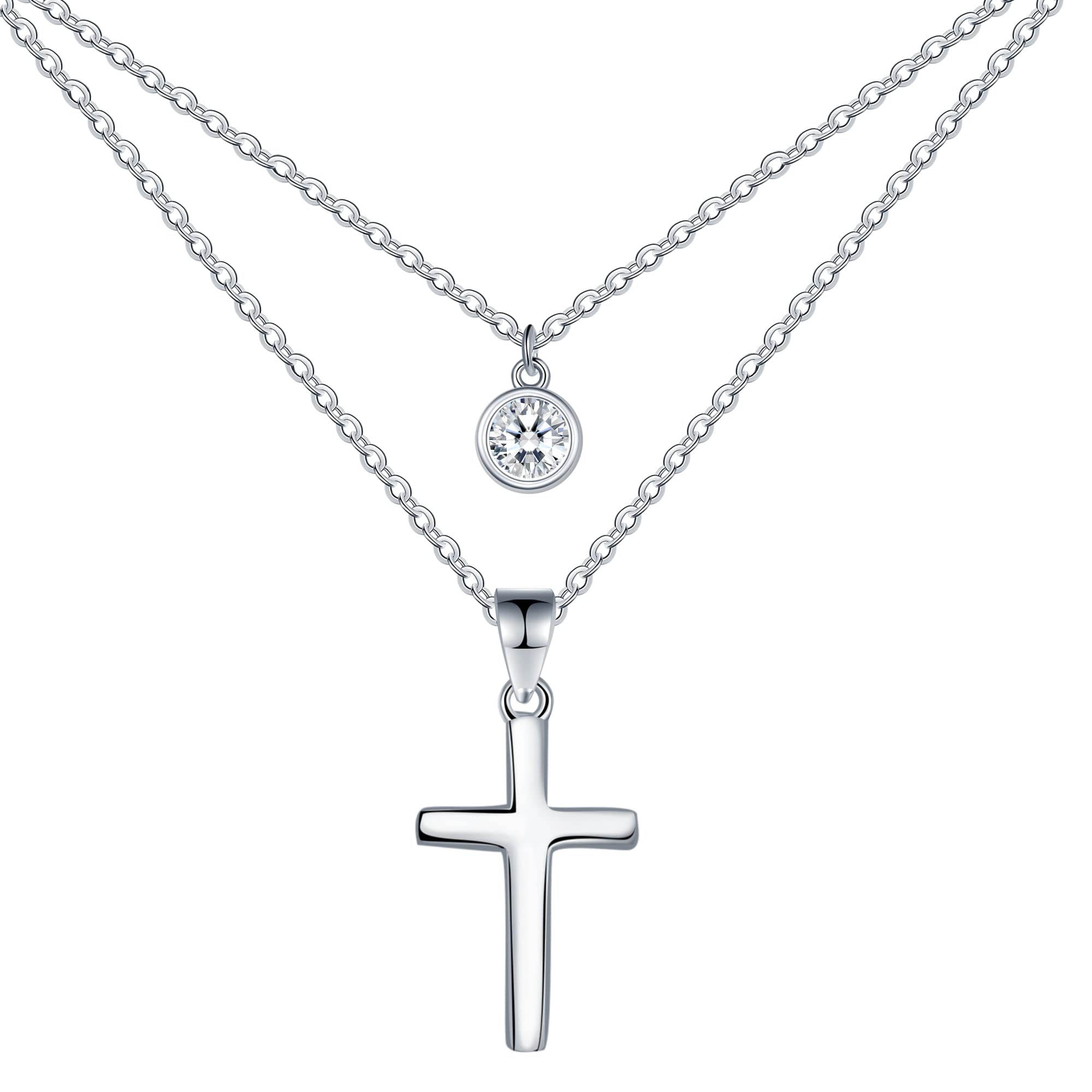 REIOT Collar Cruz Mujer Cadena de Doble Capa de Plata de Ley 925 con Zirconia Cúbica 3A, Regalo de Cumpleaños del Día de la Madre para su Mamá Esposa Novia, Ajustable 43+5cm