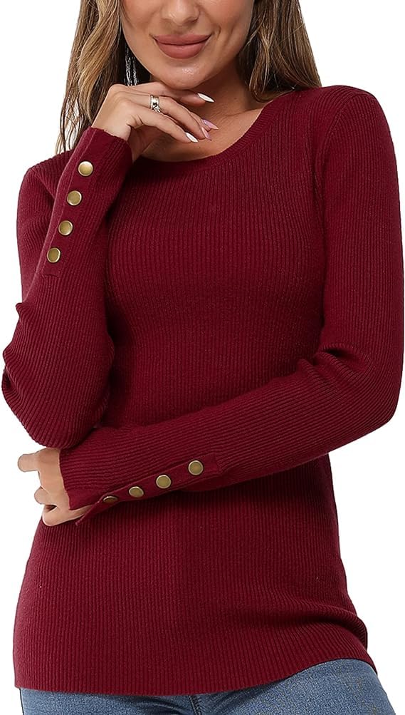 Newshows Womens Fall Fashion Sweater 2025 Long Sleeve Crew Neck Button Stretch Business Casual Work Tops