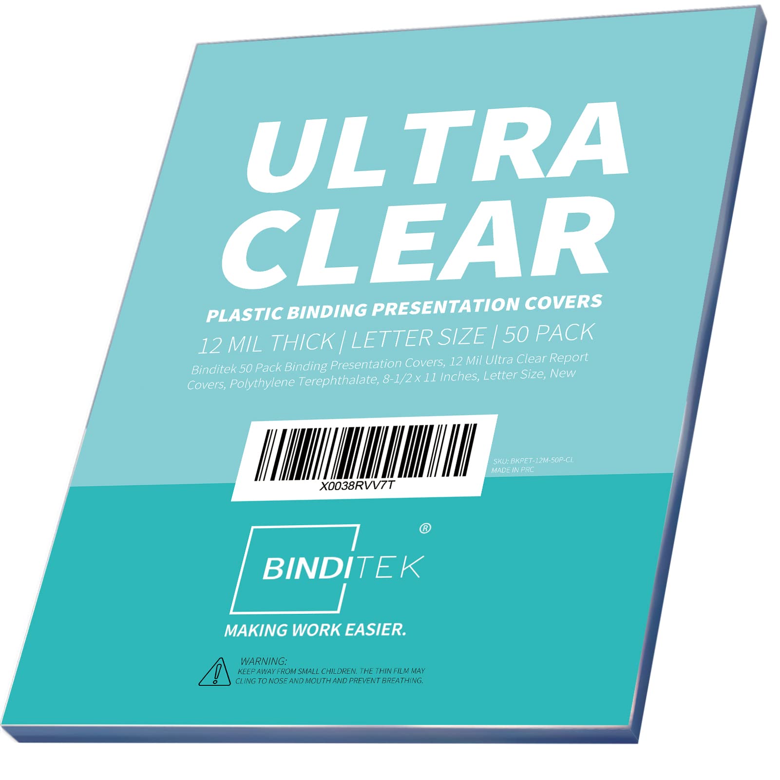 Binditek 12 Mil PET Binding Covers, 8.5 x 11 Inches, Ultra Clear, 50 Pack