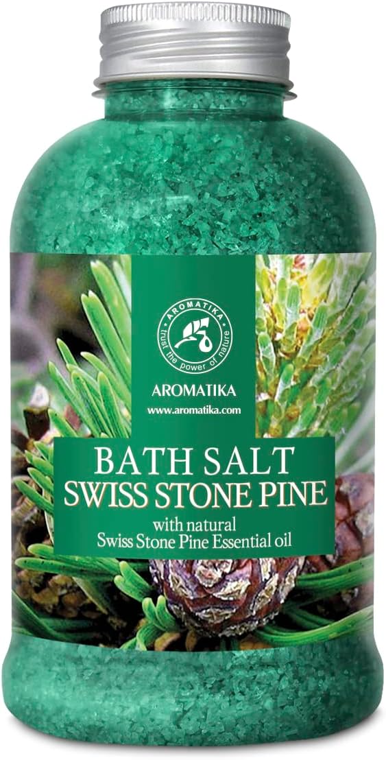Pine Bath Salt w/Natural Swiss Stone Pine Essential Oil 21.16 Oz - Pinus Cembra - Natural Bath Sea Salts - Coniferous Salts - Best for Bath - Good Sleep - Relaxing - Body Care - Beauty - Aromatherapy