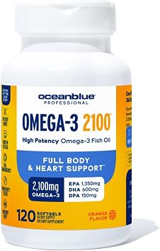 Oceanblue Professional Omega-3 2100 - Triple Strength DPA EPA DHA Omega 3 Supplement - High Potency Burpless Wild Caught Fish Oil - Orange Flavor, 120 Softgels 60 Servings
