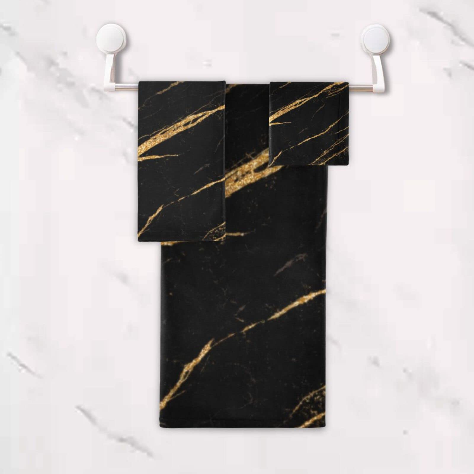 ALAZA Black Marble Gold Fluid Print Towel Bathroom Sets 3 Piece Bath Towel Sets1 Bath Towel 1 Hand Towel 1 Washcloth Soft Luxury Absorbent Decorative Towels for Beach Gym Spa