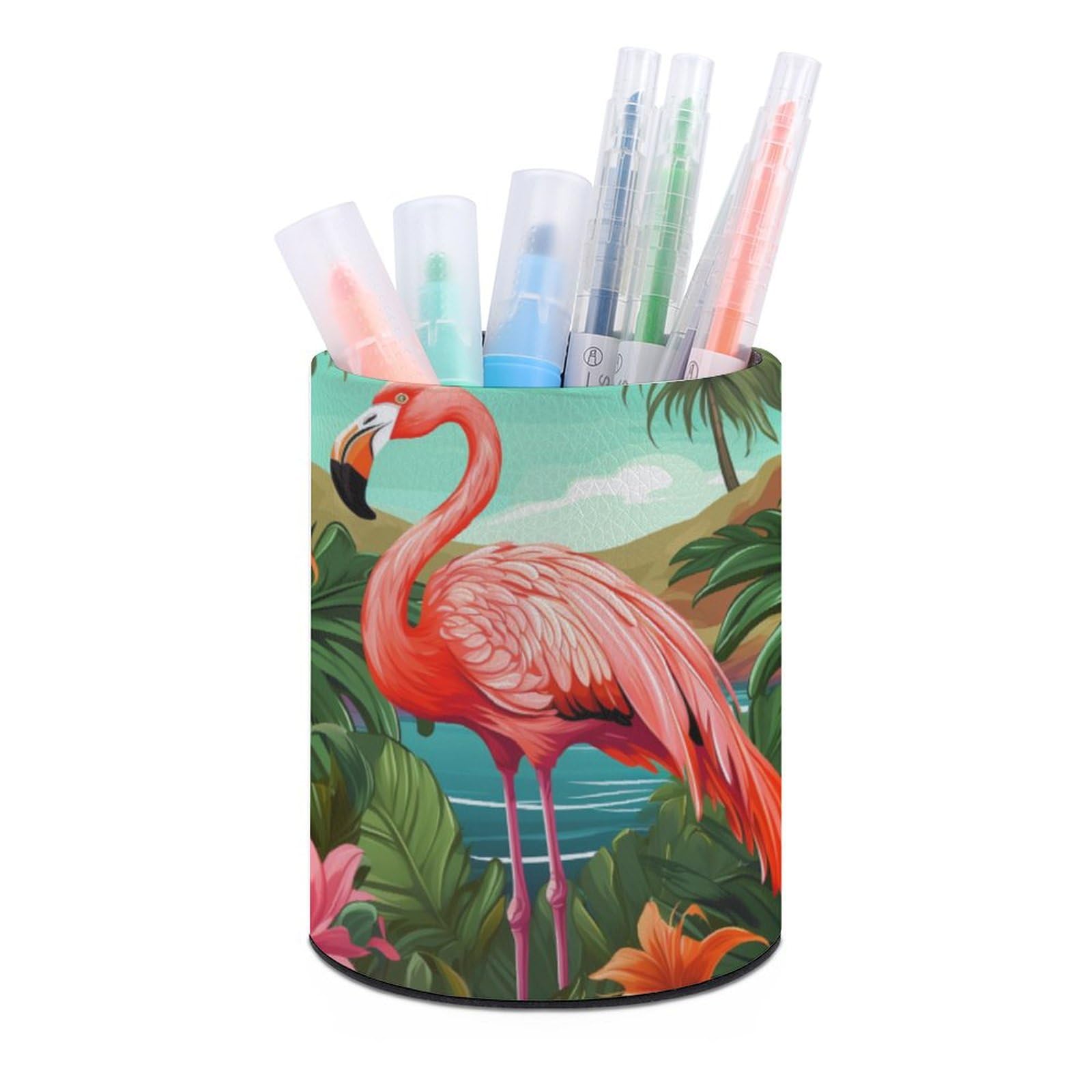 JTREHY Round Pen Holder,Tropical Flamingo Printed Makeup Brush Storage Box Desktop Stationery Storage Cup Office Accessories Storage Box Pencil Storage Box for Home Office Dressing Table