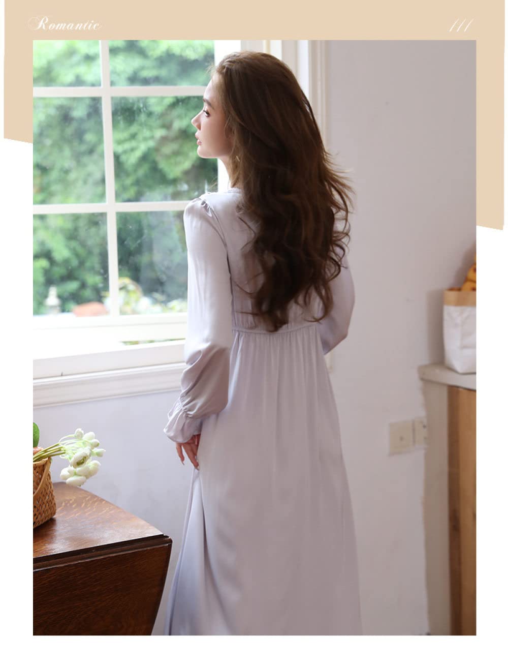 Nachthemd,Damen-Nachthemden Grauer Satin V-Ausschnitt Blumenspitze Schlitz Sexy Schlafhemd Weiches, Bequemes Nachthemd Mit Langen Ärmeln, Loungewear Für Damen, Mädchen, Pyjama-Party, Weihnachts-N