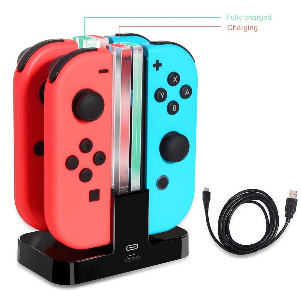 INF Stacja ładująca Nintendo Switch ze wskaźnikiem LED, ładowarka Joy-con 4 w 1 z kablem ładującym USB C, czarna