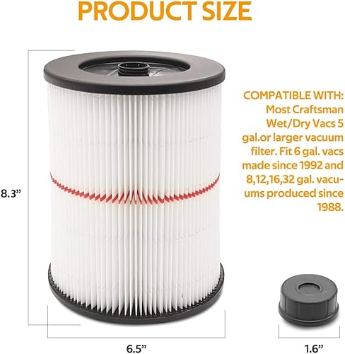Miniatura 3 de Paquete de 2 filtros de repuesto para Shop Vac Craftsman 17816 Filtro de cartucho para filtro Craftsman 9-17816 Filtro de aspiradora en seco húmedo