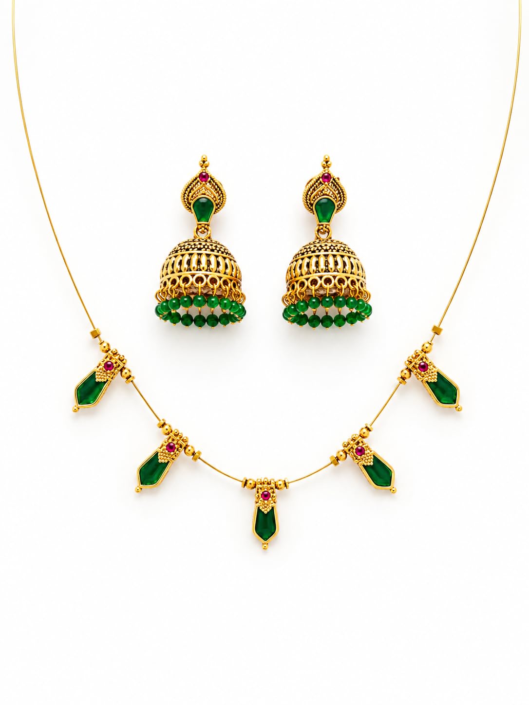 palakka naga traditional invisible necklace with jhumka| naga mala| traditional jewellery for women| green stone design| gold plated temple jewellery ethnic kerala style |-image-42
