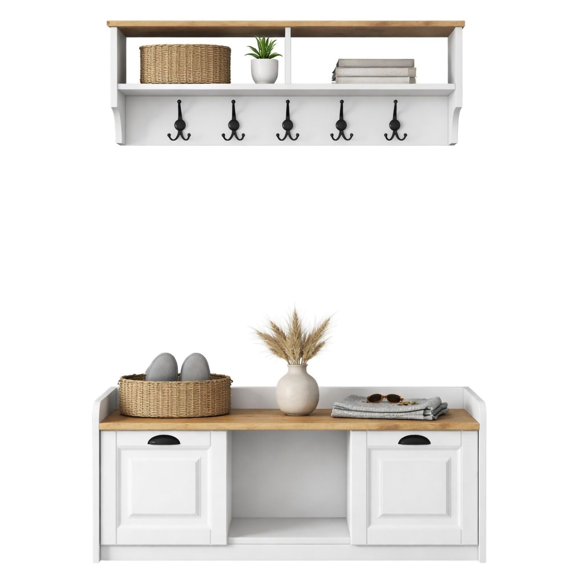 Dmora Mobile da Ingresso Karola 120x22x37h cm Bianco 6 Ripiani Appendiabiti, Modulabile