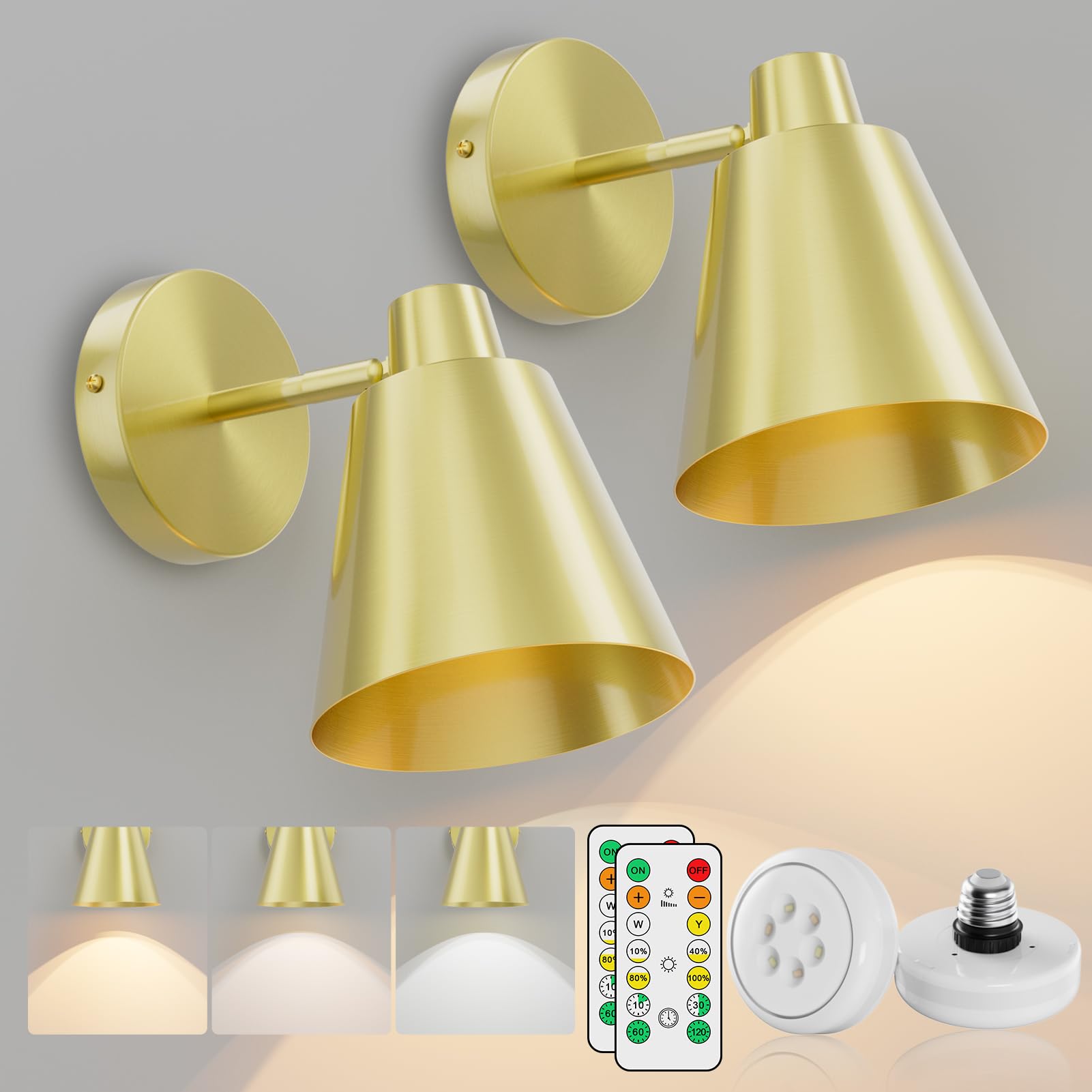 Aoceley 2-Pack Battery Operated Gold Wall Sconces