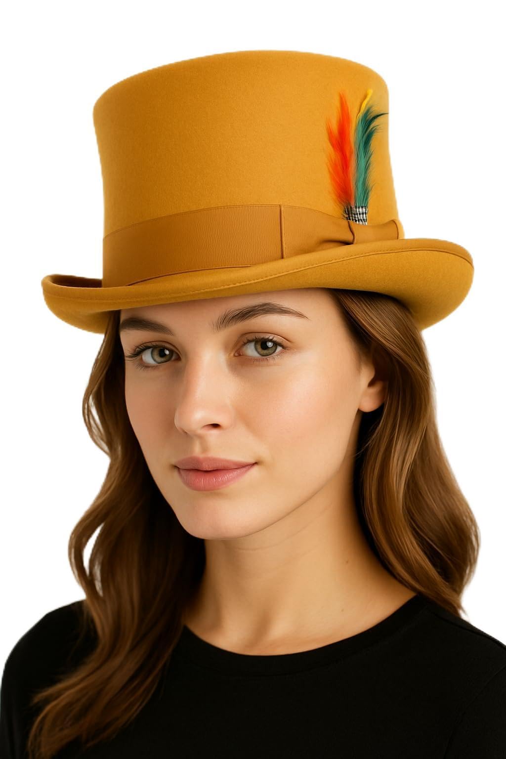 Novella Noori Handmade Wool Felt Top Hat - Wool, Satin Lined Water-Repellent Top Hats with Removable Feather - Women and Mens Tophat for Weddings, Parties or Vintage Costumes (UK, XL, Mustard)