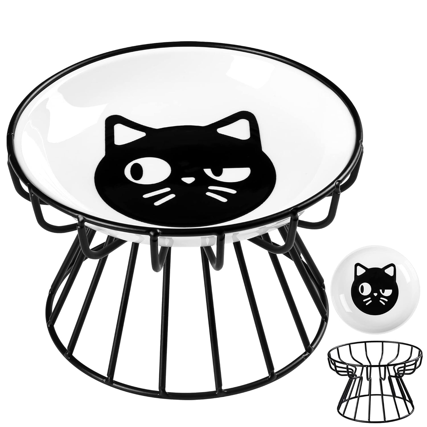 Raised Cat Food Bowls with Metal Stand | Elevated Shallow Wide Ceramic Cat Dish | Whisker Friendly Feeding Bowl for Indoor Cats, Kittens & Small Dogs | Dishwasher Safe Pet Food & Water Bowl-image-2