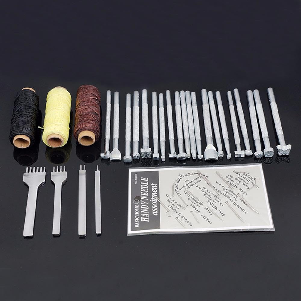 Groover - Kit de costura de cuero de 48 piezas, punzón de rueda de trazado, agujas de punzón de costura, hilo de cera, herramientas prácticas de artesanía de cuero para principiantes